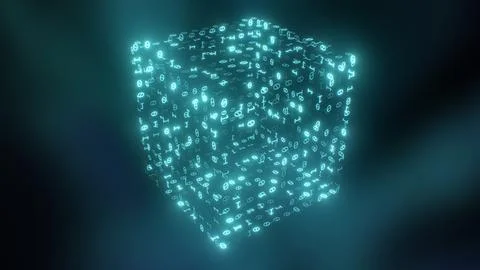 Digital Data Blockchain Cryptography Cube of Flashing Binary Numbers Stock Illustration