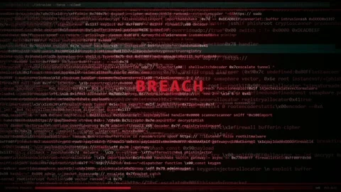 Digital data breach animation with scrolling computer code and red warning text Stock Footage 345766124