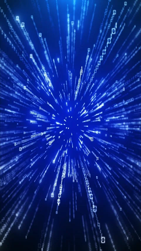 Digital data burst background with blue binary streams, bright center glow, and Stock Footage 334128602
