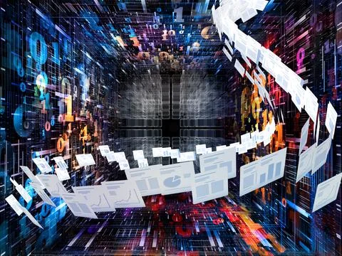 Digital Data Center with Floating Documents and Binary Code Stock Illustration