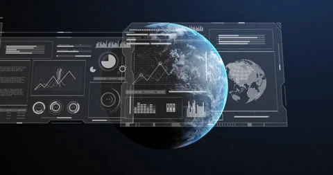 Digital data charts and graphs animation over rotating Earth in space Stock Footage 303877155
