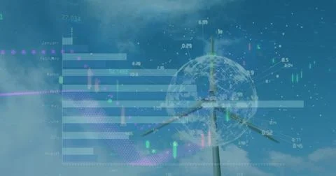 Digital data charts and graphs overlaying image of wind turbine 스톡 사진
