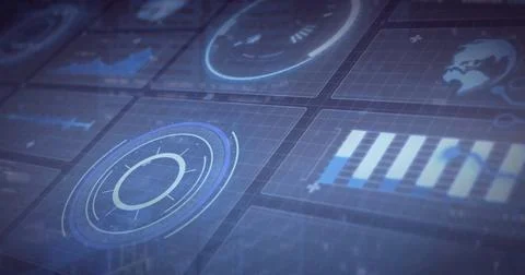 Digital data charts and graphs image over blue grid background 写真素材