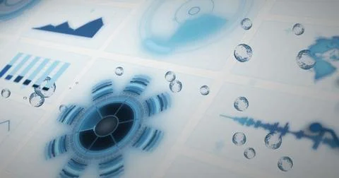 Digital data charts and graphs with futuristic interface image over water Foto stock