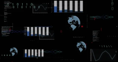 Digital data charts and world maps animation over black background Stock Footage 305045674