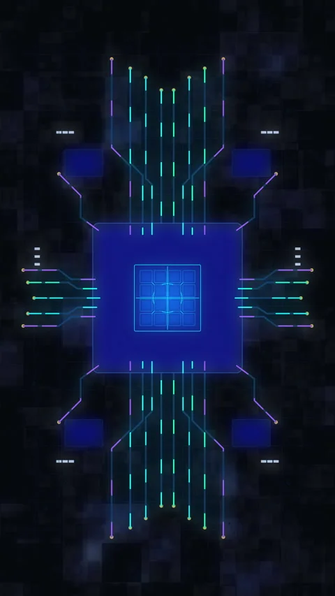 Digital data circuit animation featuring glowing neon HUD elements Stock Footage 347558767