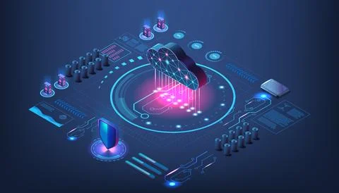 Digital data cloud. Technology center. Files storage. Virtual server. 3d Stock Illustration