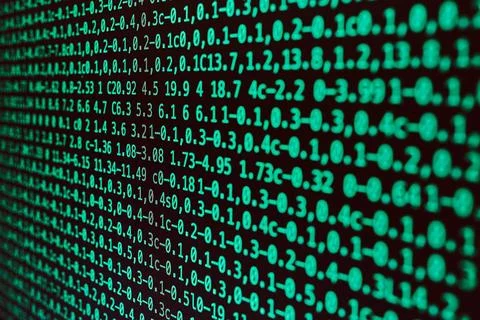 Digital data on computer screen. Green numbers and letters. Digital backgr... Foto stock