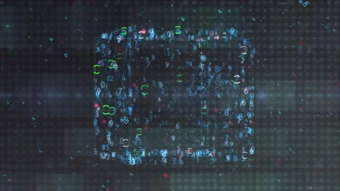 Digital Data Cube Floating Numbers, Code Particles Representing Big Data Stockbeeldmateriaal 336070273