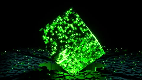 Digital data cube morphing rotating geometric shape loop 3D render Stock Footage 321431796