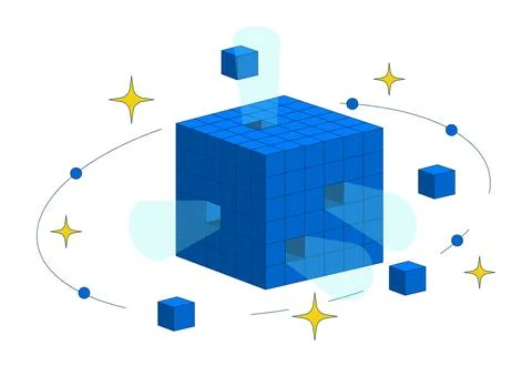 Digital data cube with orbiting blocks and sparkles 2D cartoon object Stock Illustration