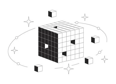 Digital data cube with orbiting blocks and sparkles 2D line object Stock Illustration
