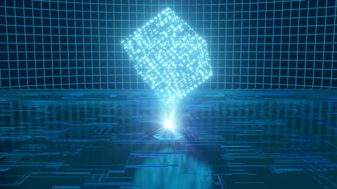 Digital Data Cube Sci-Fi Light Hologram Technology Blockchain Concept Stock Footage 211526122