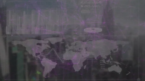 Digital data dashboard displaying global network map with charts and metrics Stockbeeldmateriaal 308068737
