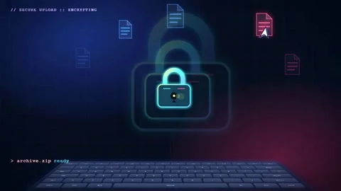 Digital Data Encryption Process with Glowing Padlock Icon and File Upload Stock Footage 341834222