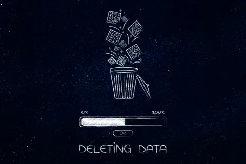 Digital data falling into a bin and getting deleted with progress bar Illustrazione stock
