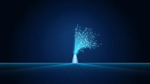Digital data fiber optics burst emitting from conical base on grid background Stock Footage 346973656