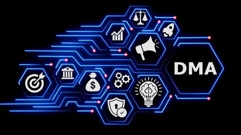 Digital data flow business concept with neon network and icons. Stock Illustration