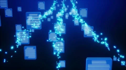 Digital data flow with glowing blue document icons Stock Footage 347280907