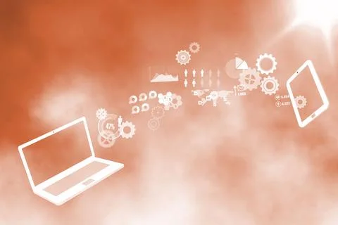 Digital data flow graphic is linking laptop, tablet with gear chart icons on Stock Illustration