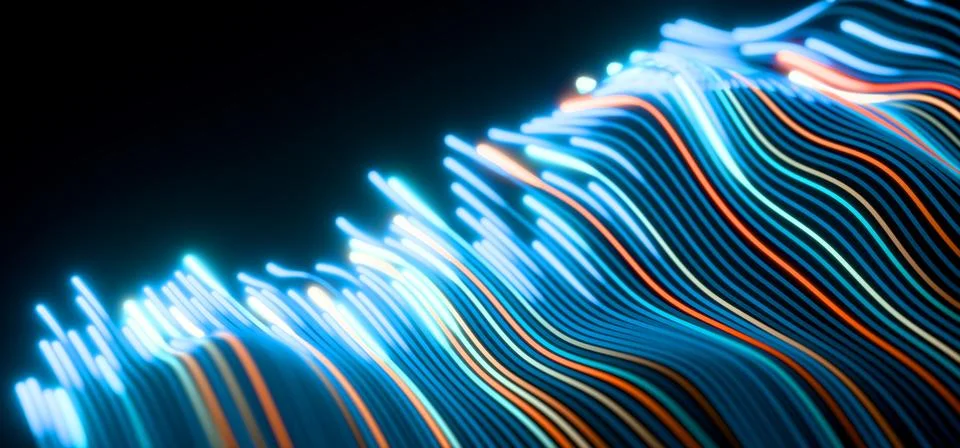 Digital data flow neon 3D background. Glowing blue and orange wave lines on Stock Illustration