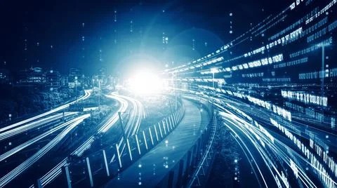 Digital data flow on road in concept of cyber global communication and coding Stock Photos