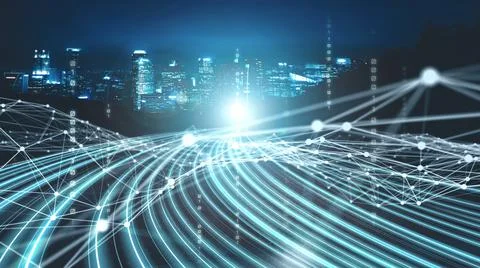 Digital data flow on road in concept of cyber global communication and coding Stock Photos