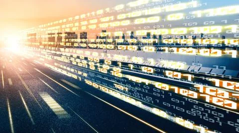 Digital data flow on road in concept of cyber global communication and coding 写真素材