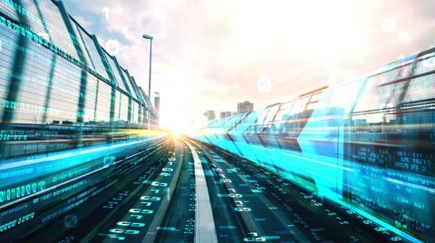 Digital data flow on road in concept of cyber global communication and coding Stock Photos