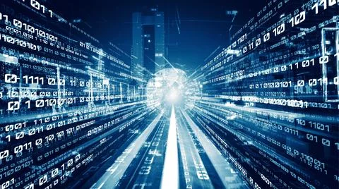 Digital data flow on road in concept of cyber global communication and coding Stock Photos