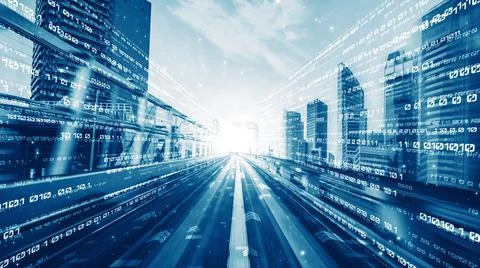 Digital data flow on road in concept of cyber global communication and coding Stock Photos