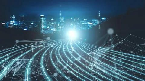 Digital data flow on road in concept of cyber global communication and coding Stock Photos