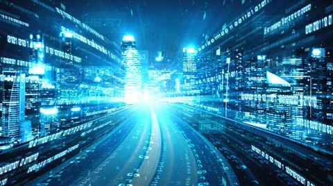 Digital data flow on road in concept of cyber global communication and coding Stock Photos
