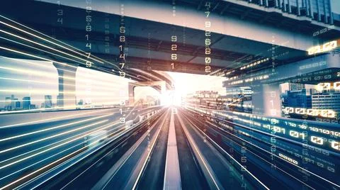 Digital data flow on road in concept of cyber global communication and coding Stock Photos