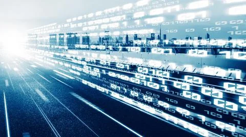 Digital data flow on road in concept of cyber global communication and coding Stock Photos