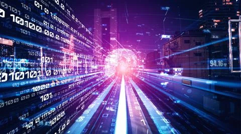 Digital data flow on road in concept of cyber global communication and coding Stock Photos