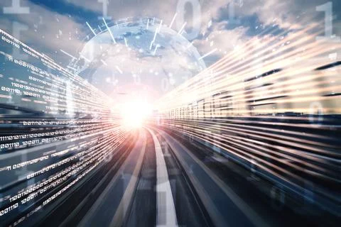 Digital data flow on road with motion blur to create vision of fast speed 스톡 일러스트