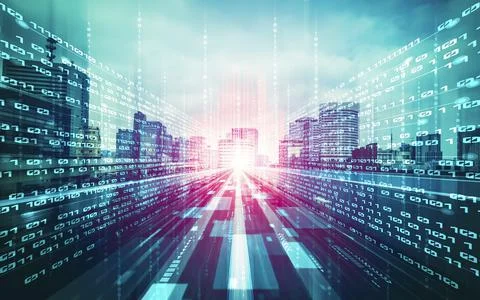 Digital data flow on road with motion blur to create vision of fast speed 스톡 일러스트