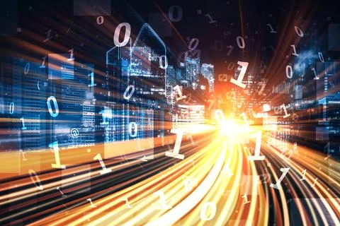 Digital data flow on road with motion blur to create vision of fast speed Stock Illustration