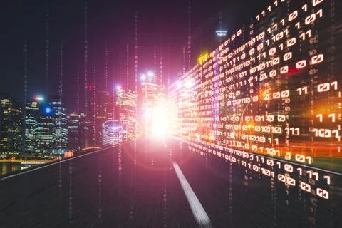 Digital data flow on road with motion blur to create vision of fast speed イラスト素材