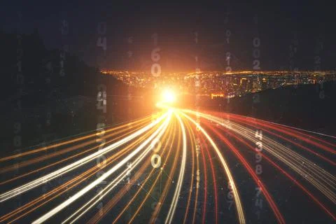 Digital data flow on road with motion blur to create vision of fast speed Stock Illustration