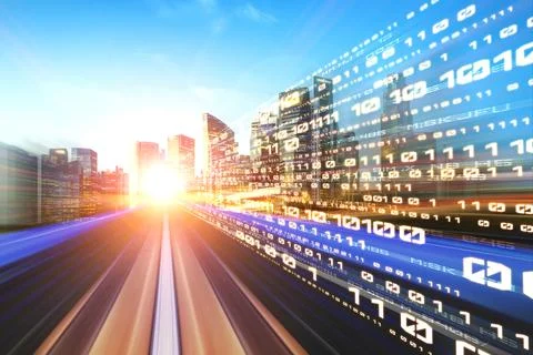 Digital data flow on road with motion blur to create vision of fast speed Stock Illustration