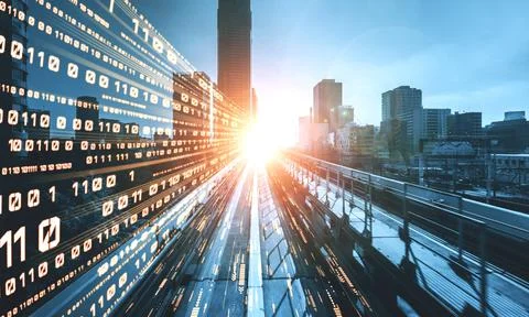 Digital data flow on road with motion blur to create vision of fast speed Stock Illustration