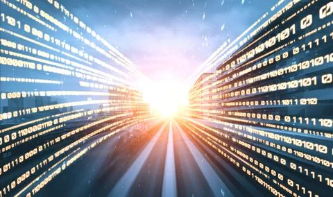 Digital data flow on road with motion blur to create vision of fast speed イラスト素材