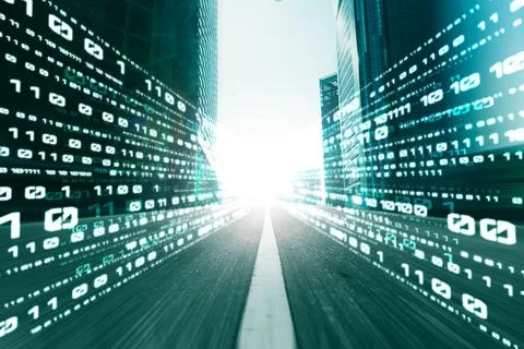 Digital data flow on road with motion blur to create vision of fast speed Stock Illustration