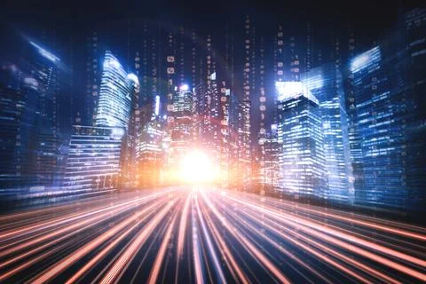 Digital data flow on road with motion blur to create vision of fast speed イラスト素材