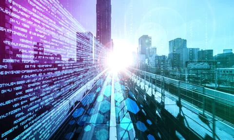 Digital data flow on road with motion blur to create vision of fast speed イラスト素材