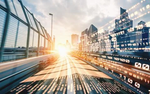 Digital data flow on road with motion blur to create vision of fast speed イラスト素材