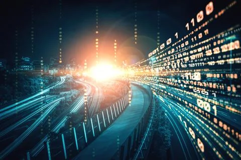 Digital data flow on road with motion blur to create vision of fast speed 스톡 일러스트