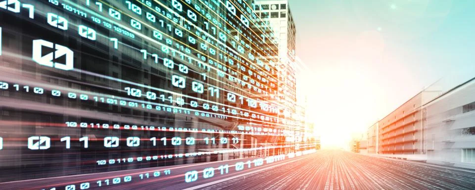 Digital data flow on road with motion blur to create vision of fast speed イラスト素材